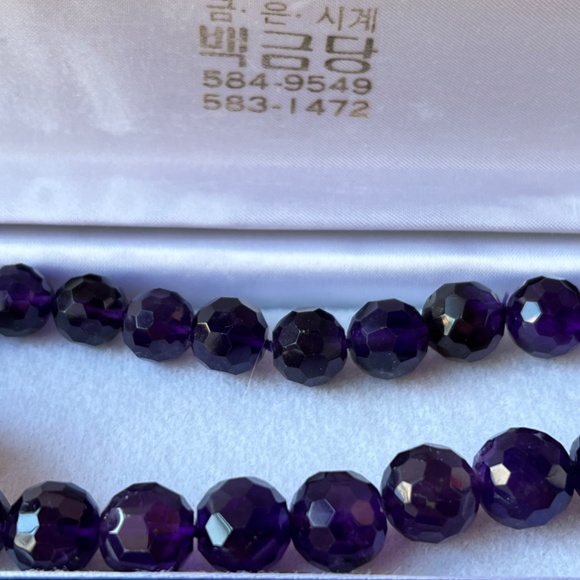 VINTAGE HUGE ROUND FACETED AMETHYST BEADS LONG NECKLACE  14K LOCK CABOCHON STONE - Picture 7 of 16